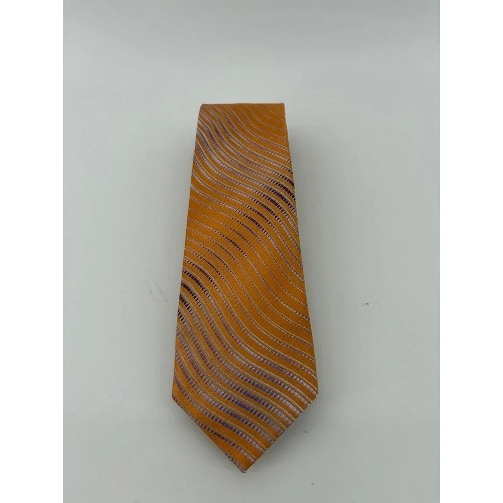 yApre Tie, 100% Silk, Diagonal Wave Stripes, Orange & Lavender